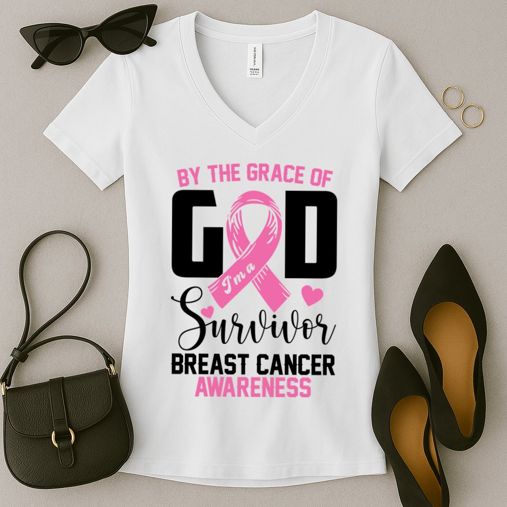 By The Grace God Im A Survivor Breast Cancer Awareness Women's V-Neck T-Shirt