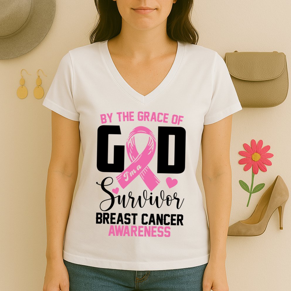 By The Grace God Im A Survivor Breast Cancer Awareness Women's V-Neck T-Shirt