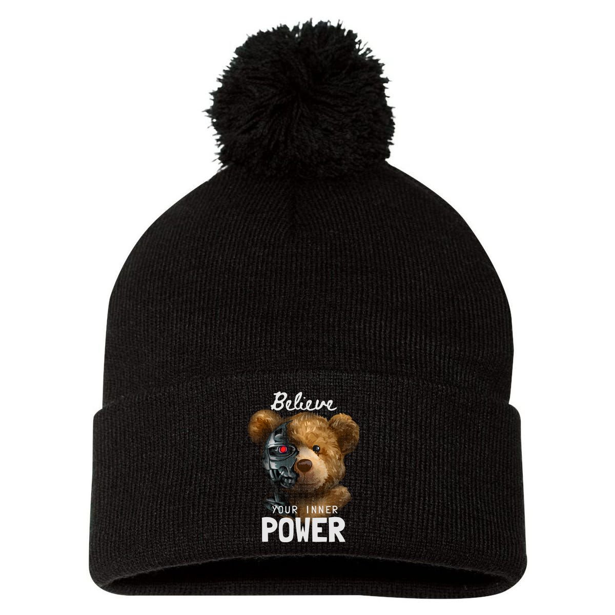 Bear Toy Half Robot Pom Pom 12in Knit Beanie