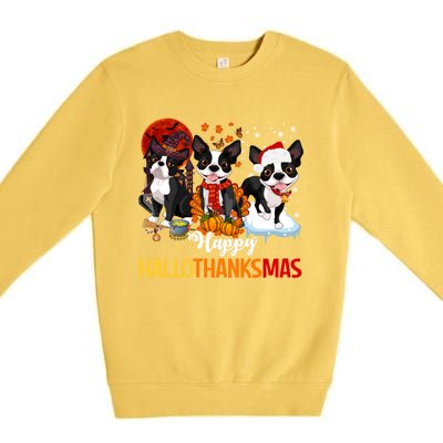 Boston Terrier Hallothanksmas Halloween Thanksgiving Xmas Cute Gift Premium Crewneck Sweatshirt