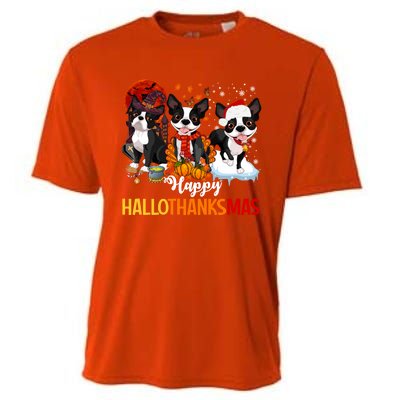 Boston Terrier Hallothanksmas Halloween Thanksgiving Xmas Cute Gift Cooling Performance Crew T-Shirt