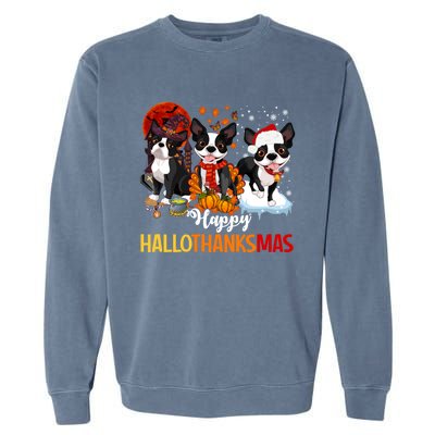 Boston Terrier Hallothanksmas Halloween Thanksgiving Xmas Cute Gift Garment-Dyed Sweatshirt