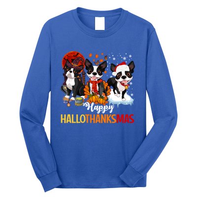 Boston Terrier Hallothanksmas Halloween Thanksgiving Xmas Cute Gift Long Sleeve Shirt