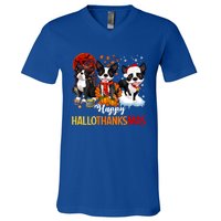 Boston Terrier Hallothanksmas Halloween Thanksgiving Xmas Cute Gift V-Neck T-Shirt