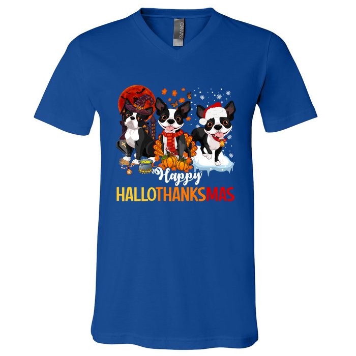 Boston Terrier Hallothanksmas Halloween Thanksgiving Xmas Cute Gift V-Neck T-Shirt