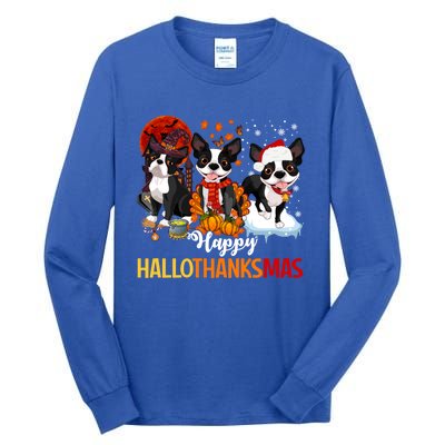 Boston Terrier Hallothanksmas Halloween Thanksgiving Xmas Cute Gift Tall Long Sleeve T-Shirt