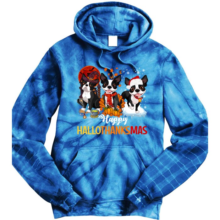 Boston Terrier Hallothanksmas Halloween Thanksgiving Xmas Cute Gift Tie Dye Hoodie