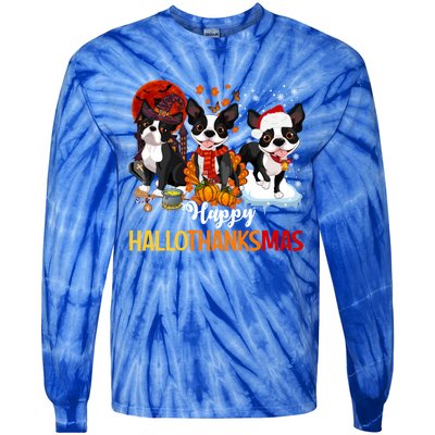 Boston Terrier Hallothanksmas Halloween Thanksgiving Xmas Cute Gift Tie-Dye Long Sleeve Shirt