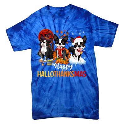 Boston Terrier Hallothanksmas Halloween Thanksgiving Xmas Cute Gift Tie-Dye T-Shirt