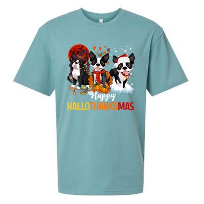 Boston Terrier Hallothanksmas Halloween Thanksgiving Xmas Cute Gift Sueded Cloud Jersey T-Shirt