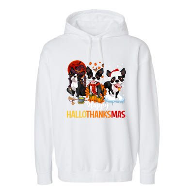 Boston Terrier Hallothanksmas Halloween Thanksgiving Xmas Cute Gift Garment-Dyed Fleece Hoodie