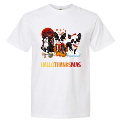 Boston Terrier Hallothanksmas Halloween Thanksgiving Xmas Cute Gift Garment-Dyed Heavyweight T-Shirt