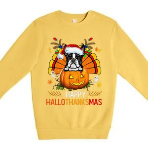 Boston Terrier Happy Hallothanksmas Halloween Christmas Premium Crewneck Sweatshirt