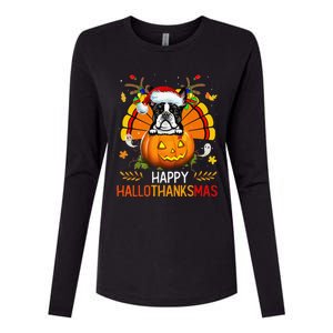 Boston Terrier Happy Hallothanksmas Halloween Christmas Womens Cotton Relaxed Long Sleeve T-Shirt