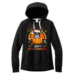 Boston Terrier Happy Hallothanksmas Halloween Christmas Women's Fleece Hoodie