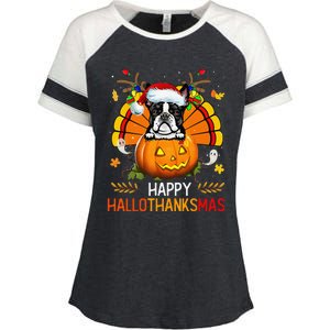 Boston Terrier Happy Hallothanksmas Halloween Christmas Enza Ladies Jersey Colorblock Tee