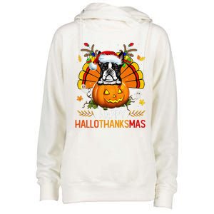 Boston Terrier Happy Hallothanksmas Halloween Christmas Womens Funnel Neck Pullover Hood