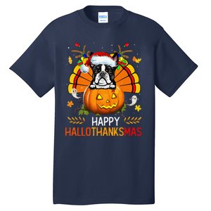 Boston Terrier Happy Hallothanksmas Halloween Christmas Tall T-Shirt