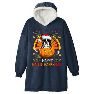 Boston Terrier Happy Hallothanksmas Halloween Christmas Hooded Wearable Blanket