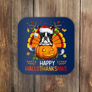 Boston Terrier Happy Hallothanksmas Halloween Christmas Coaster