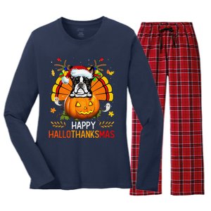 Boston Terrier Happy Hallothanksmas Halloween Christmas Women's Long Sleeve Flannel Pajama Set 