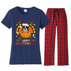 Boston Terrier Happy Hallothanksmas Halloween Christmas Women's Flannel Pajama Set