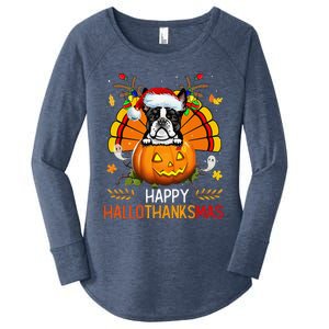 Boston Terrier Happy Hallothanksmas Halloween Christmas Women's Perfect Tri Tunic Long Sleeve Shirt