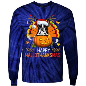 Boston Terrier Happy Hallothanksmas Halloween Christmas Tie-Dye Long Sleeve Shirt