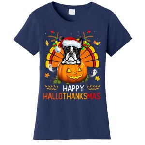 Boston Terrier Happy Hallothanksmas Halloween Christmas Women's T-Shirt