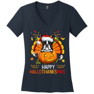 Boston Terrier Happy Hallothanksmas Halloween Christmas Women's V-Neck T-Shirt