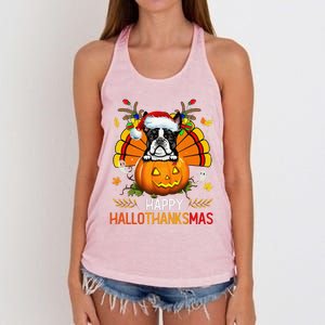 Boston Terrier Happy Hallothanksmas Halloween Christmas Women's Knotted Racerback Tank