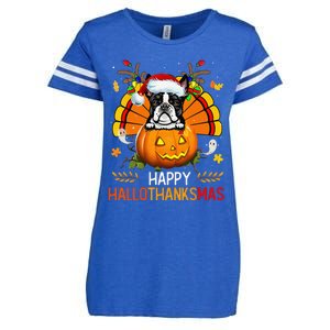 Boston Terrier Happy Hallothanksmas Halloween Christmas Enza Ladies Jersey Football T-Shirt