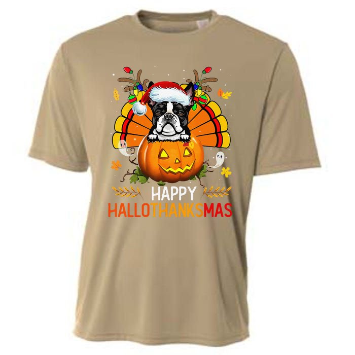 Boston Terrier Happy Hallothanksmas Halloween Christmas Cooling Performance Crew T-Shirt