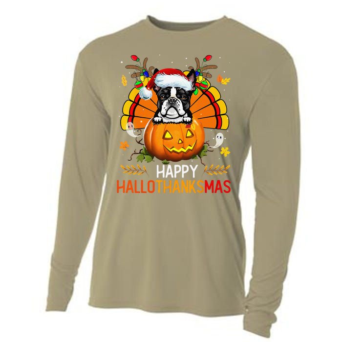 Boston Terrier Happy Hallothanksmas Halloween Christmas Cooling Performance Long Sleeve Crew