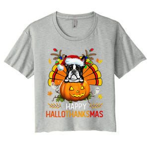 Boston Terrier Happy Hallothanksmas Halloween Christmas Women's Crop Top Tee