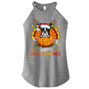 Boston Terrier Happy Hallothanksmas Halloween Christmas Women's Perfect Tri Rocker Tank