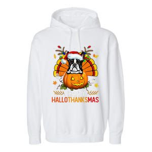 Boston Terrier Happy Hallothanksmas Halloween Christmas Garment-Dyed Fleece Hoodie