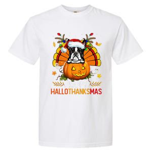 Boston Terrier Happy Hallothanksmas Halloween Christmas Garment-Dyed Heavyweight T-Shirt