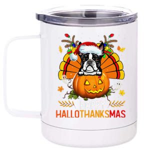 Boston Terrier Happy Hallothanksmas Halloween Christmas 12 oz Stainless Steel Tumbler Cup