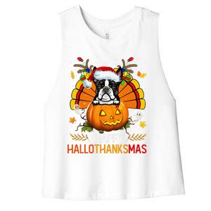 Boston Terrier Happy Hallothanksmas Halloween Christmas Women's Racerback Cropped Tank