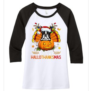 Boston Terrier Happy Hallothanksmas Halloween Christmas Women's Tri-Blend 3/4-Sleeve Raglan Shirt