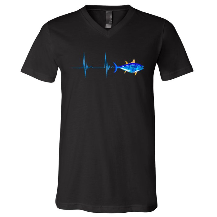 Bluefin Tuna Heartbeat EKG Pulseline Deep Sea Fishing V-Neck T-Shirt