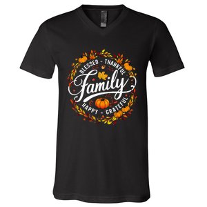 Blessed Thankful Happy Grateful Family Matching Thanksgiving V-Neck T-Shirt