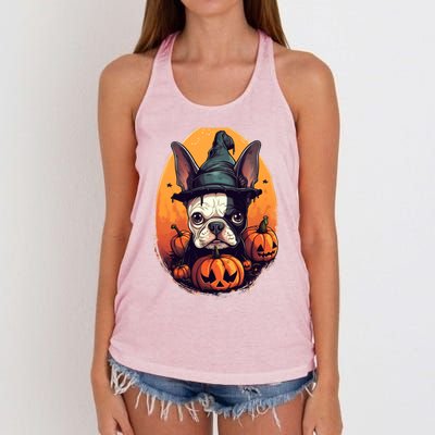 Boston Terrier Halloween Witch Pumpkin Dog Lover Gift Women's Knotted Racerback Tank