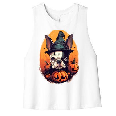 Boston Terrier Halloween Witch Pumpkin Dog Lover Gift Women's Racerback Cropped Tank