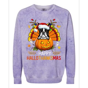 Boston Terrier Happy Hallothanksmas Halloween Christmas Colorblast Crewneck Sweatshirt