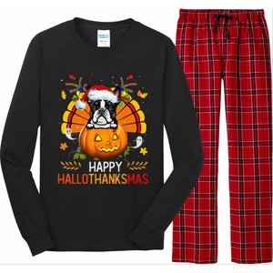 Boston Terrier Happy Hallothanksmas Halloween Christmas Long Sleeve Pajama Set