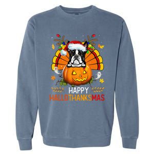 Boston Terrier Happy Hallothanksmas Halloween Christmas Garment-Dyed Sweatshirt