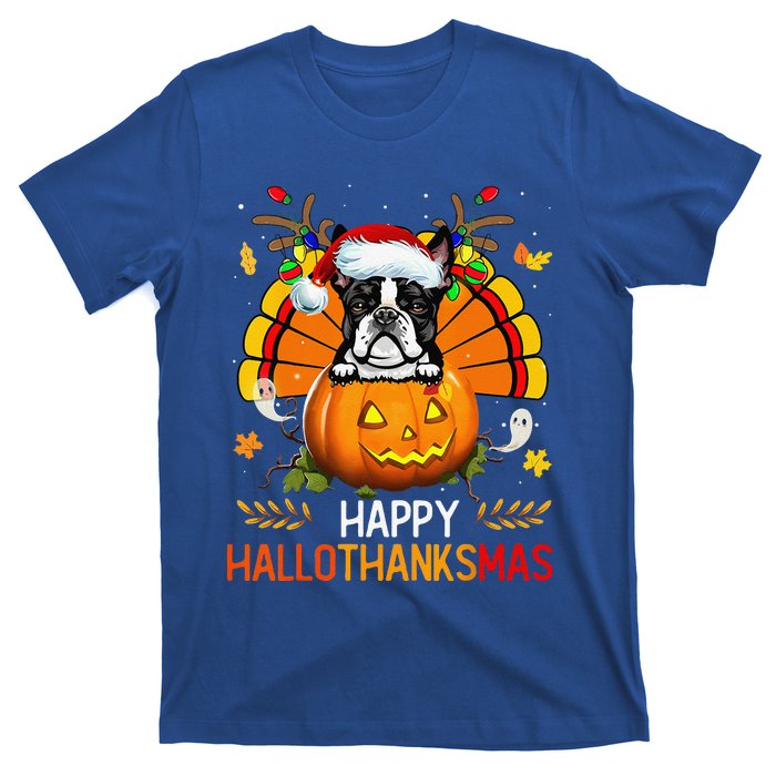 Boston Terrier Happy Hallothanksmas Halloween Christmas T-Shirt