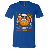 Boston Terrier Happy Hallothanksmas Halloween Christmas V-Neck T-Shirt